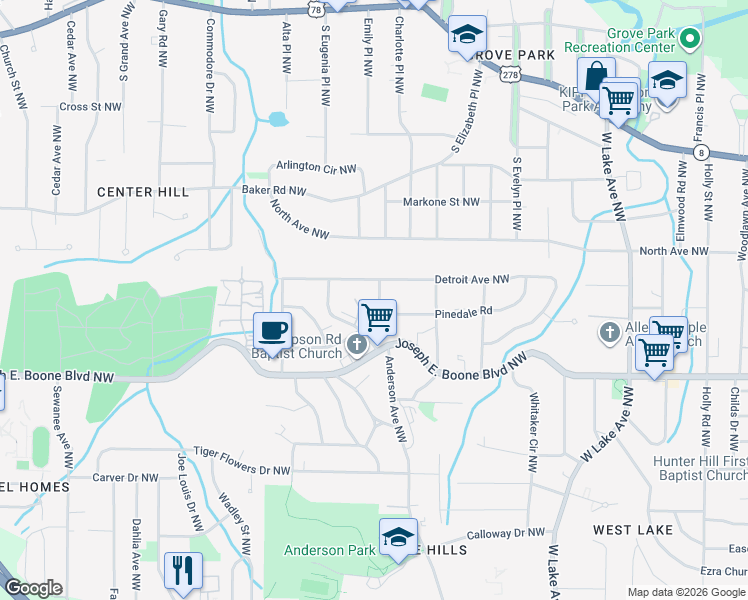 map of restaurants, bars, coffee shops, grocery stores, and more near 406 Illinois Avenue Northwest in Atlanta
