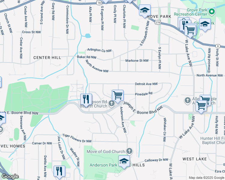 map of restaurants, bars, coffee shops, grocery stores, and more near 377 Westchester Boulevard Northwest in Atlanta