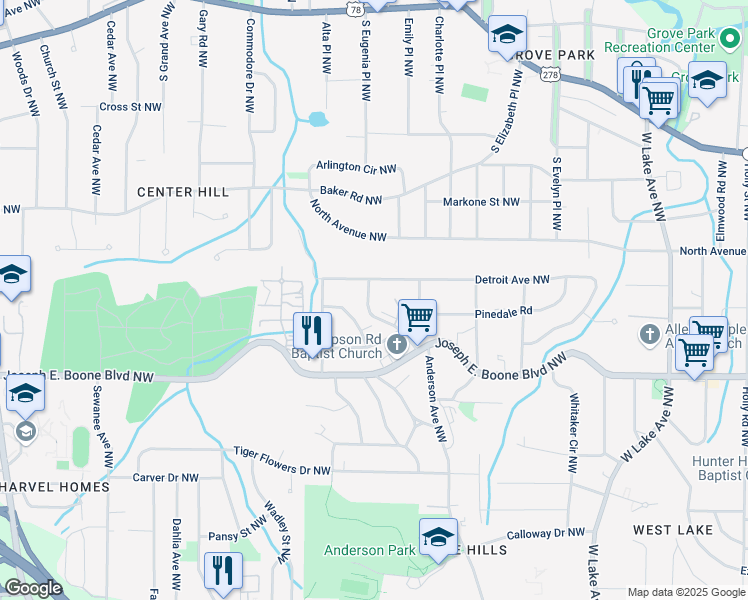 map of restaurants, bars, coffee shops, grocery stores, and more near 403 Westchester Boulevard Northwest in Atlanta