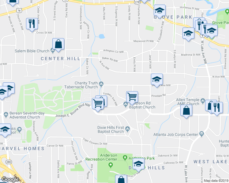 map of restaurants, bars, coffee shops, grocery stores, and more near 4140 Westchester Boulevard Northwest in Atlanta