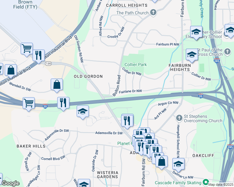 map of restaurants, bars, coffee shops, grocery stores, and more near 3698 Fairlane Drive Northwest in Atlanta