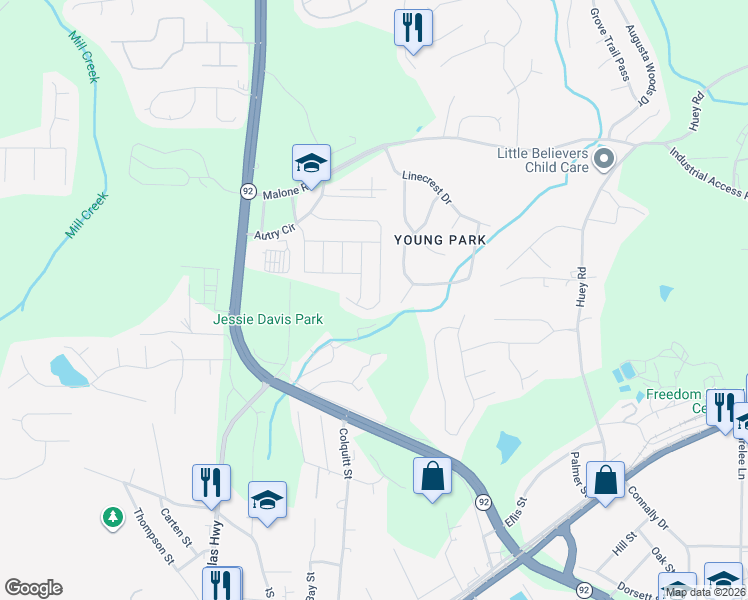 map of restaurants, bars, coffee shops, grocery stores, and more near 6569 Snowbird Lane in Douglasville