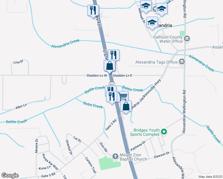 map of restaurants, bars, coffee shops, grocery stores, and more near 6377 U.S. 431 in Alexandria