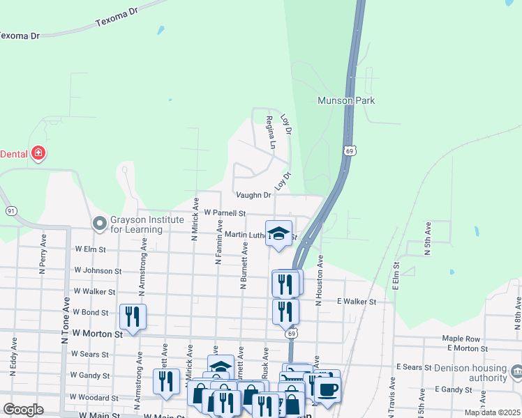 map of restaurants, bars, coffee shops, grocery stores, and more near 35 W Parnell St in Denison