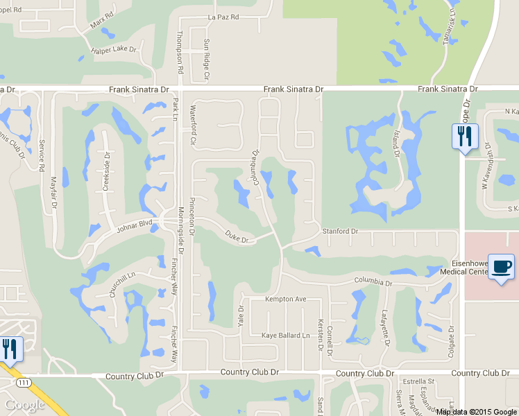 map of restaurants, bars, coffee shops, grocery stores, and more near 101 Columbia Drive in Rancho Mirage