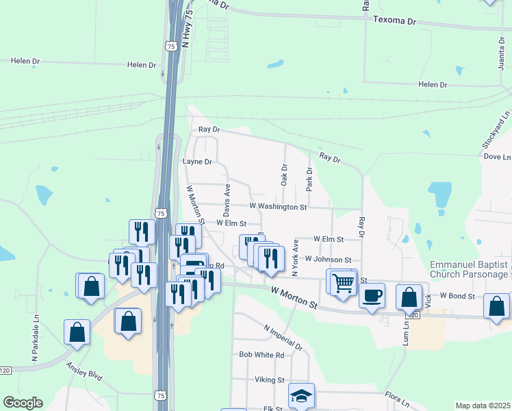 map of restaurants, bars, coffee shops, grocery stores, and more near 1000 Layne Drive in Denison