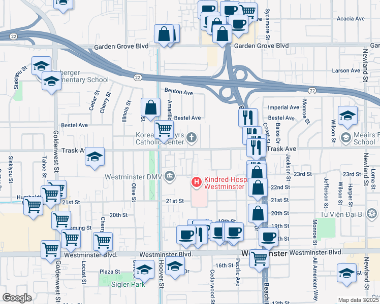 map of restaurants, bars, coffee shops, grocery stores, and more near 13514 Trask Avenue in Westminster