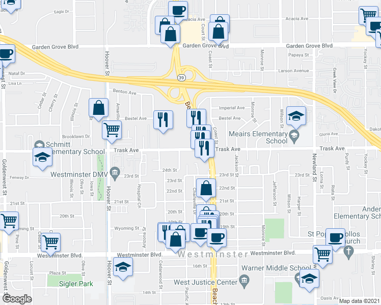 map of restaurants, bars, coffee shops, grocery stores, and more near 7900 Trask Avenue in Westminster