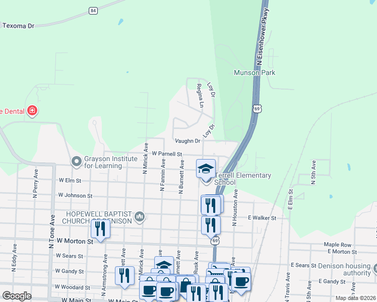 map of restaurants, bars, coffee shops, grocery stores, and more near 35 West Parnell Street in Denison