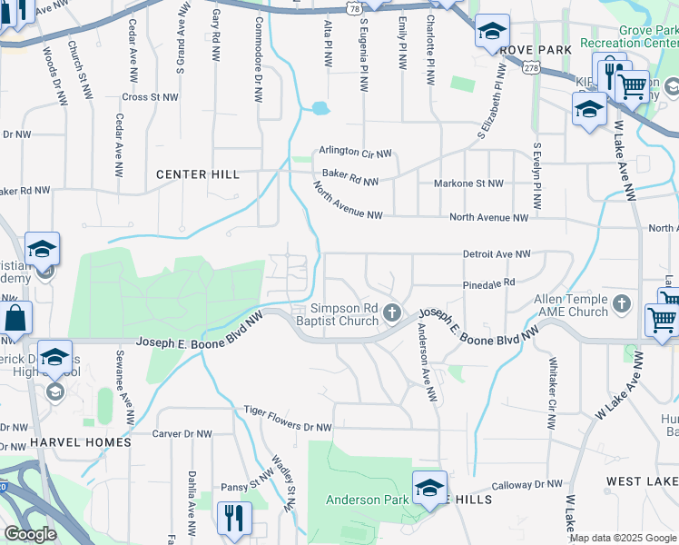 map of restaurants, bars, coffee shops, grocery stores, and more near 397 Yonkers Avenue Northwest in Atlanta