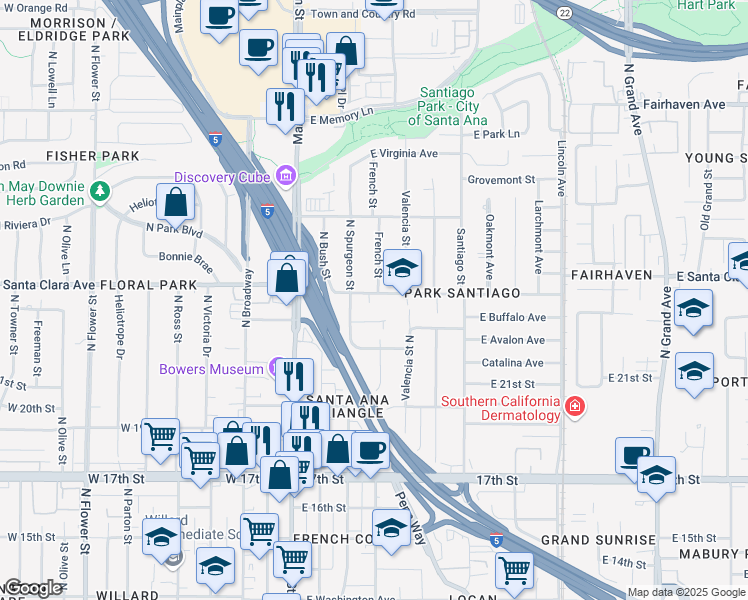 map of restaurants, bars, coffee shops, grocery stores, and more near 322 East Santa Clara Avenue in Santa Ana