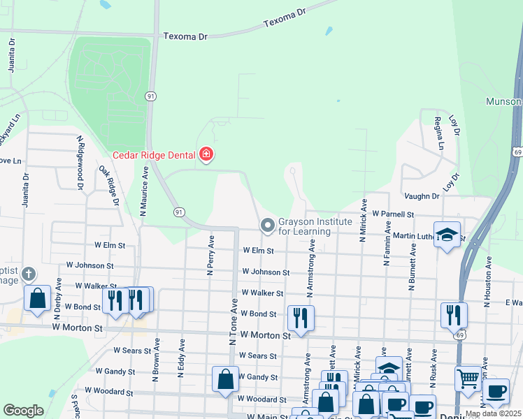 map of restaurants, bars, coffee shops, grocery stores, and more near 100 Memorial Drive in Denison
