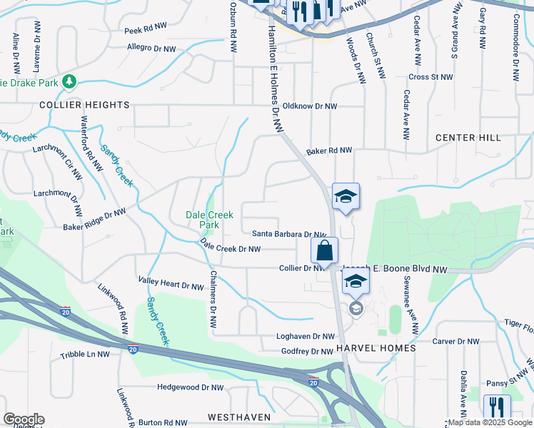 map of restaurants, bars, coffee shops, grocery stores, and more near 2631 Santa Monica Drive Northwest in Atlanta