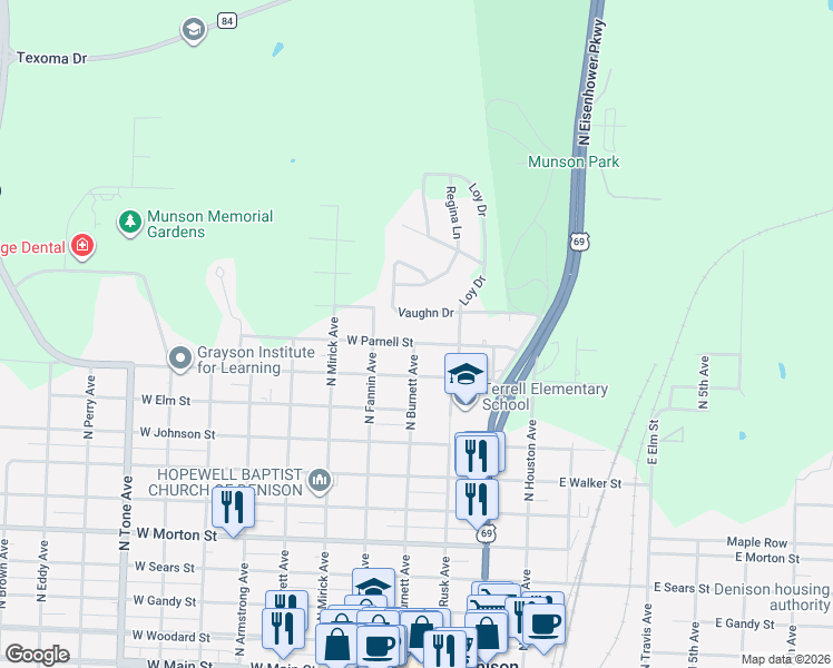 map of restaurants, bars, coffee shops, grocery stores, and more near 49 West Parnell Street in Denison