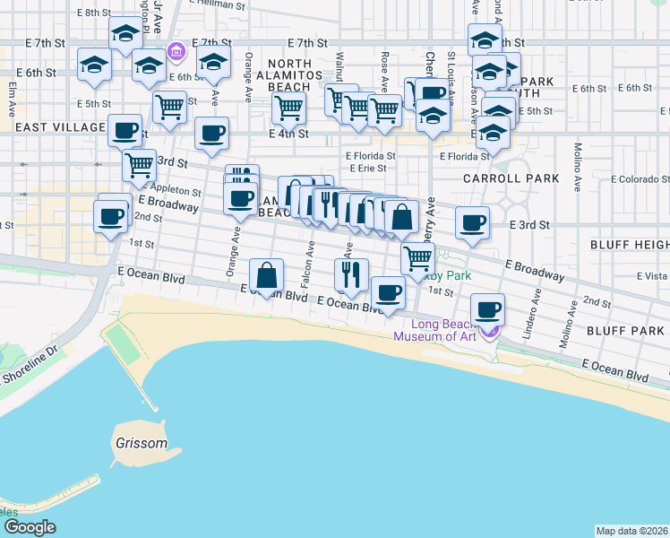 map of restaurants, bars, coffee shops, grocery stores, and more near 1615 East 1st Street in Long Beach