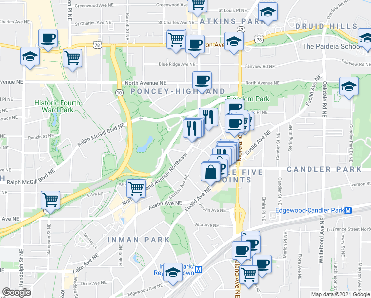 map of restaurants, bars, coffee shops, grocery stores, and more near 454 North Highland Avenue Northeast in Atlanta