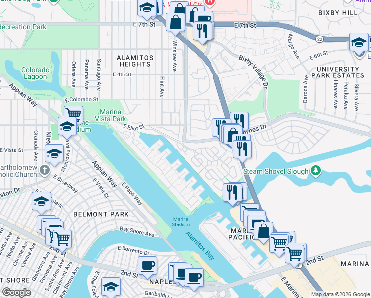 map of restaurants, bars, coffee shops, grocery stores, and more near 105 Kingfisher Court in Long Beach