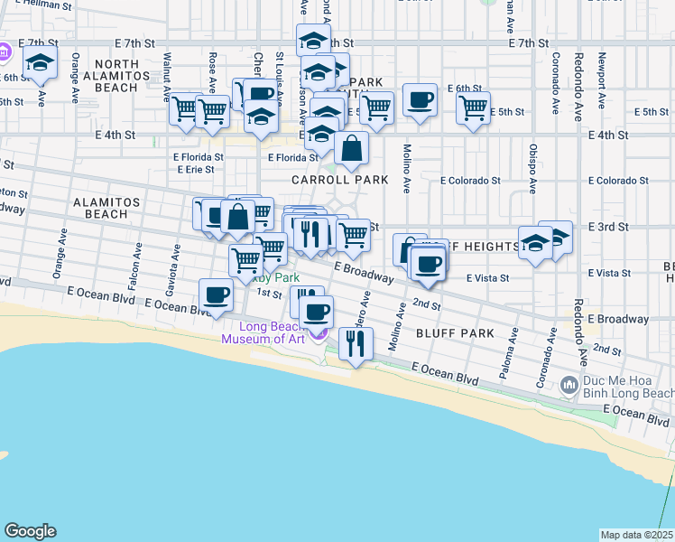 map of restaurants, bars, coffee shops, grocery stores, and more near 222 Kennebec Avenue in Long Beach