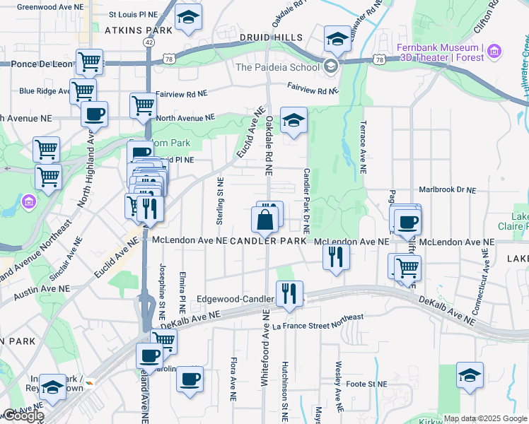 map of restaurants, bars, coffee shops, grocery stores, and more near 442 Oakdale Road Northeast in Atlanta