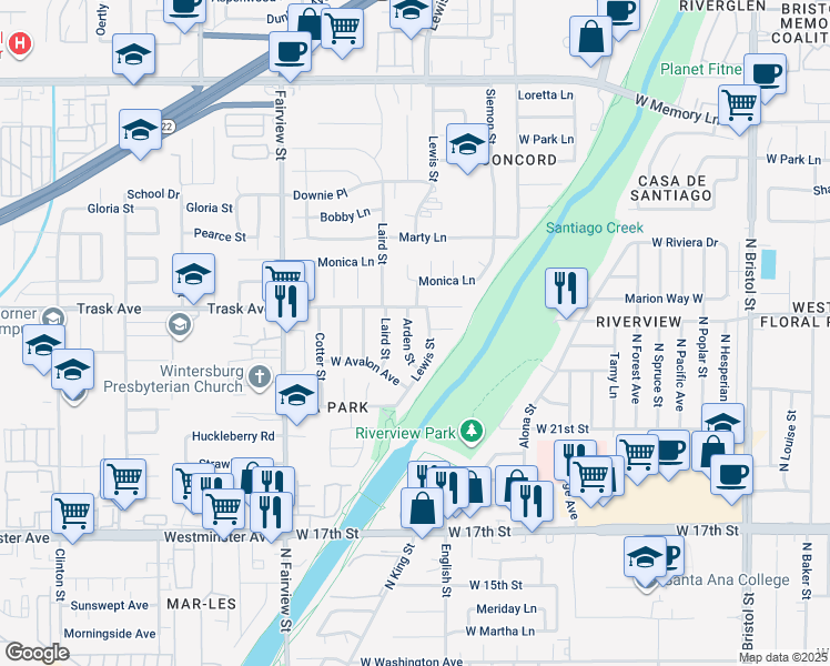 map of restaurants, bars, coffee shops, grocery stores, and more near 2214 Arden Street in Santa Ana