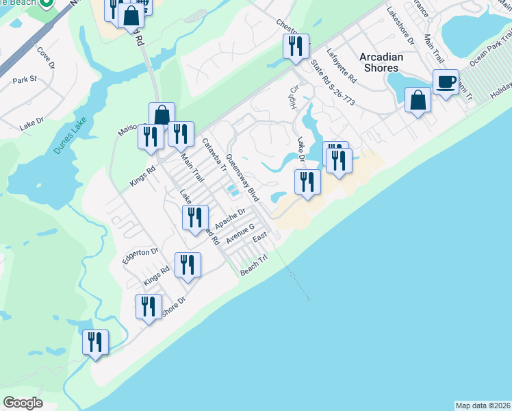 map of restaurants, bars, coffee shops, grocery stores, and more near 54 Apache Tr in Myrtle Beach