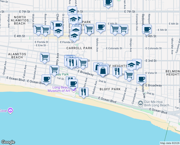 map of restaurants, bars, coffee shops, grocery stores, and more near 221 Wisconsin Avenue in Long Beach