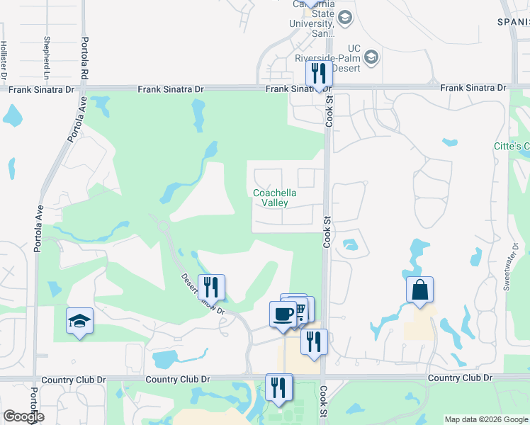 map of restaurants, bars, coffee shops, grocery stores, and more near 25 Covington Drive in Palm Desert
