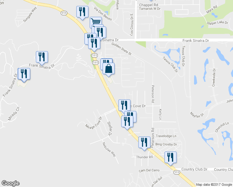 map of restaurants, bars, coffee shops, grocery stores, and more near 69934 Hwy 111 in Rancho Mirage