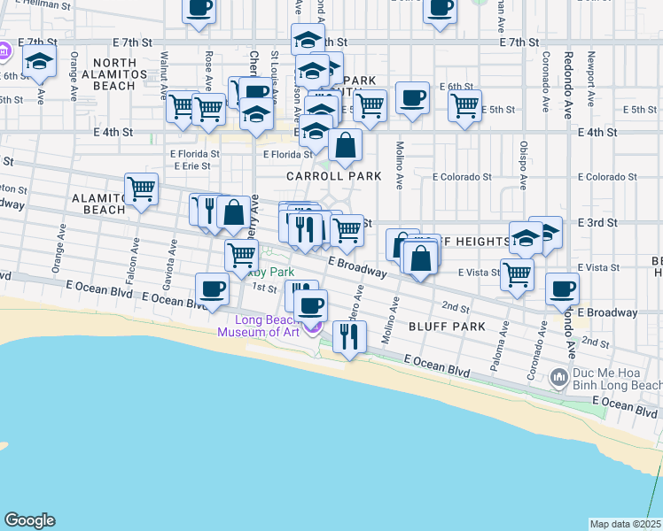 map of restaurants, bars, coffee shops, grocery stores, and more near 222 Kennebec Avenue in Long Beach