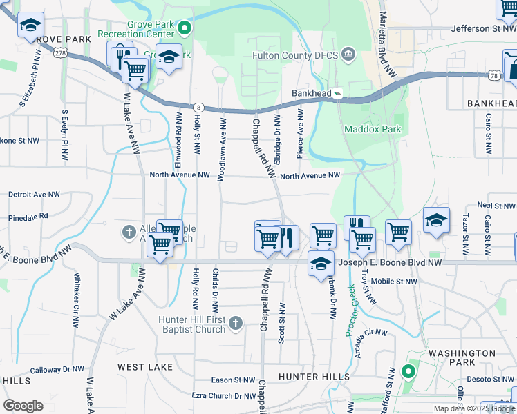 map of restaurants, bars, coffee shops, grocery stores, and more near 1406 Kennesaw Drive Northwest in Atlanta