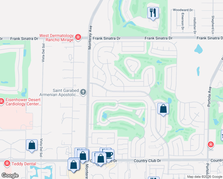 map of restaurants, bars, coffee shops, grocery stores, and more near 73192 Palm Greens Parkway in Palm Desert