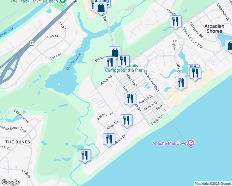 map of restaurants, bars, coffee shops, grocery stores, and more near 268 Arcadian Dunes in Myrtle Beach