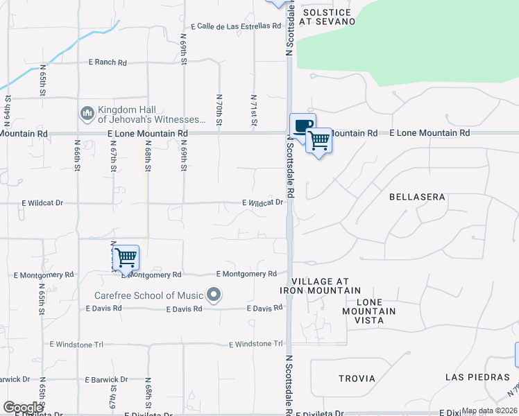 map of restaurants, bars, coffee shops, grocery stores, and more near 7111 East Wildcat Drive in Scottsdale