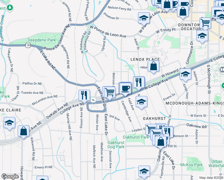 map of restaurants, bars, coffee shops, grocery stores, and more near 120 Melrose Avenue in Decatur