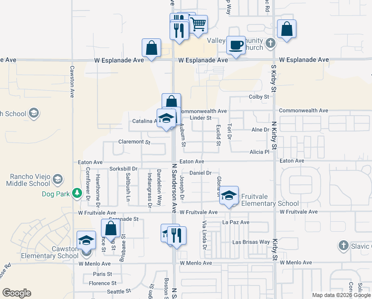 map of restaurants, bars, coffee shops, grocery stores, and more near 3216 Pepper Street in Hemet