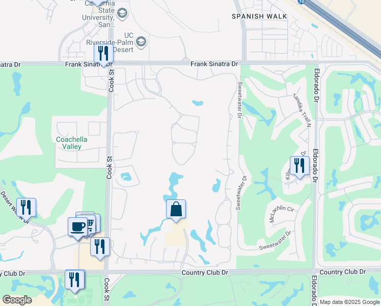 map of restaurants, bars, coffee shops, grocery stores, and more near 237 Vista Royale Circle East in Palm Desert