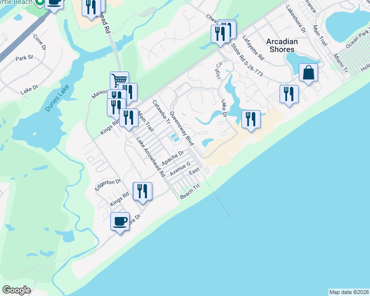 map of restaurants, bars, coffee shops, grocery stores, and more near 54 Apache Tr in Myrtle Beach