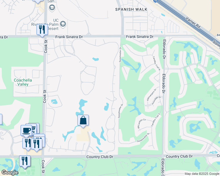 map of restaurants, bars, coffee shops, grocery stores, and more near 313 Desert Falls Drive East in Palm Desert