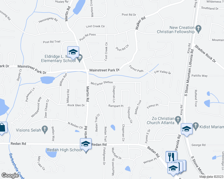 map of restaurants, bars, coffee shops, grocery stores, and more near 964 Chapman Lane in Stone Mountain