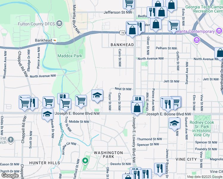 map of restaurants, bars, coffee shops, grocery stores, and more near 997 Neal Street Northwest in Atlanta