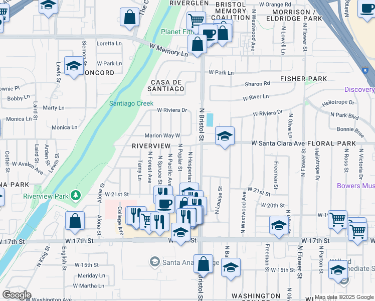 map of restaurants, bars, coffee shops, grocery stores, and more near 2230 North Hesperian Street in Santa Ana