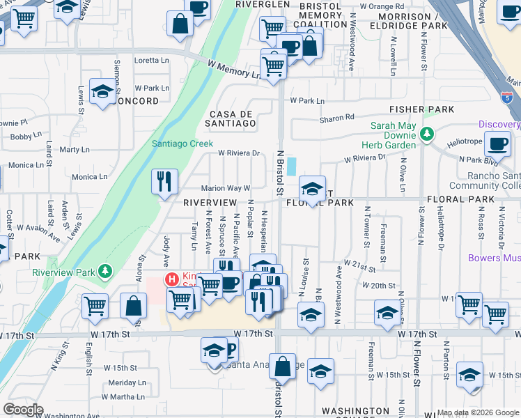 map of restaurants, bars, coffee shops, grocery stores, and more near 2230 North Hesperian Street in Santa Ana