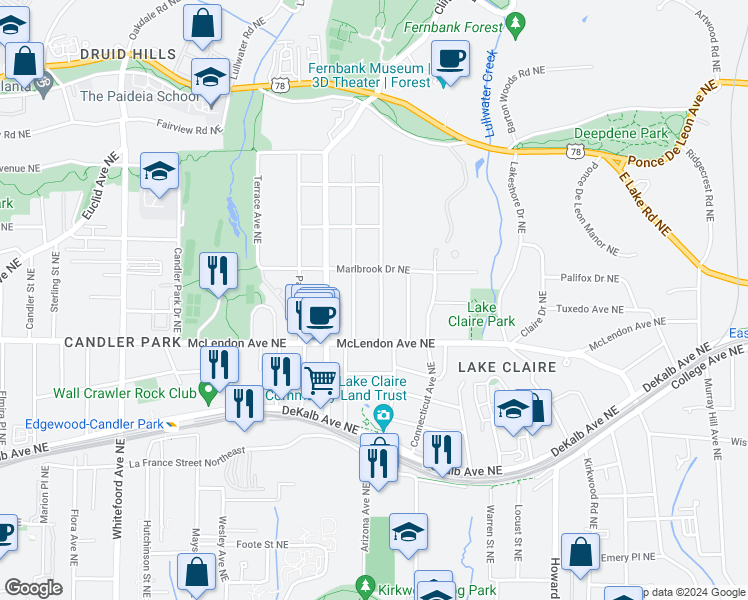map of restaurants, bars, coffee shops, grocery stores, and more near 446 Harold Avenue Northeast in Atlanta