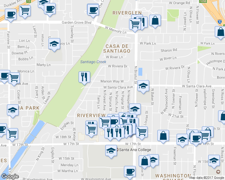 map of restaurants, bars, coffee shops, grocery stores, and more near 2229 North Spruce Street in Santa Ana