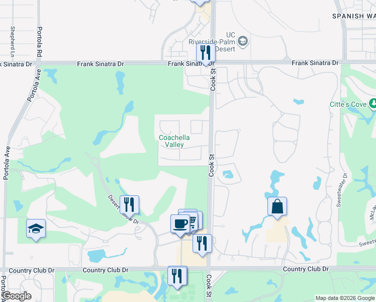 map of restaurants, bars, coffee shops, grocery stores, and more near 13 Covington Drive in Palm Desert