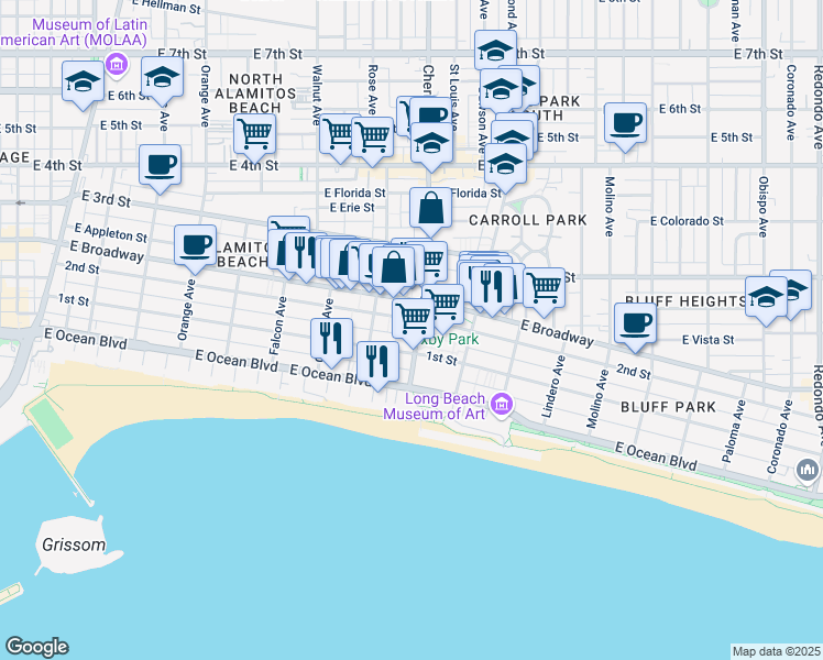 map of restaurants, bars, coffee shops, grocery stores, and more near 137 Cherry Avenue in Long Beach