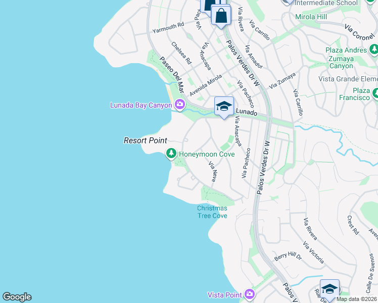 map of restaurants, bars, coffee shops, grocery stores, and more near 2736 Paseo Del Mar in Palos Verdes Estates