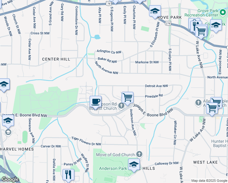 map of restaurants, bars, coffee shops, grocery stores, and more near 411 Westchester Boulevard Northwest in Atlanta
