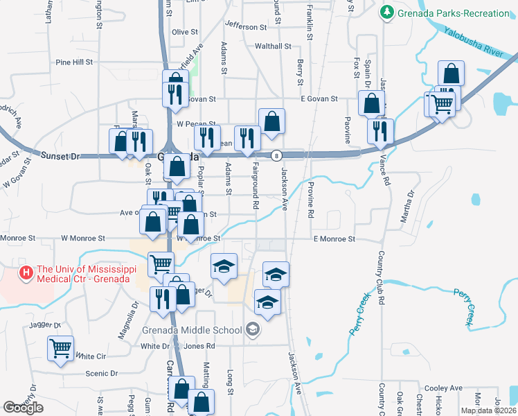 map of restaurants, bars, coffee shops, grocery stores, and more near 1662 Fairground Road in Grenada