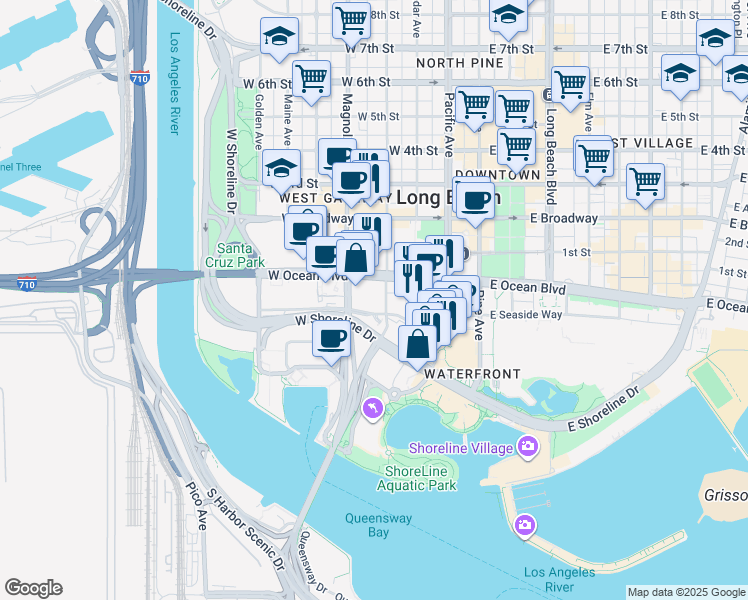 map of restaurants, bars, coffee shops, grocery stores, and more near 442 West Ocean Boulevard in Long Beach